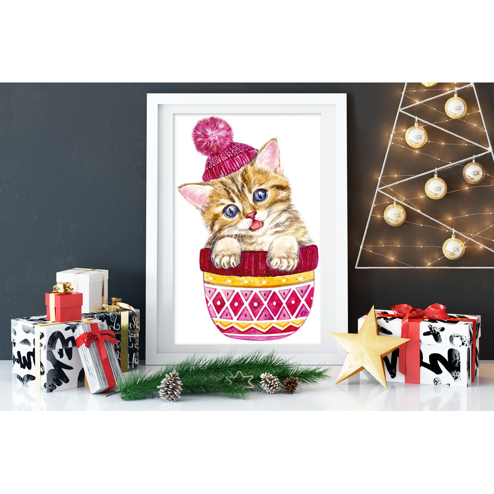 Cute Red Kitten With Blue Eyes In A Pink Knitting Hat Art Print Printable Download Watercolor Print 0