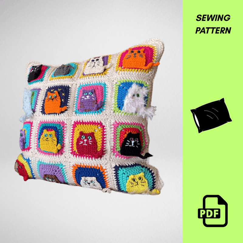 Many Cats Square  Crochet Pattern PDF English  Cat Granny Square Afghan Block  Fun Crochet Motif Fo 1