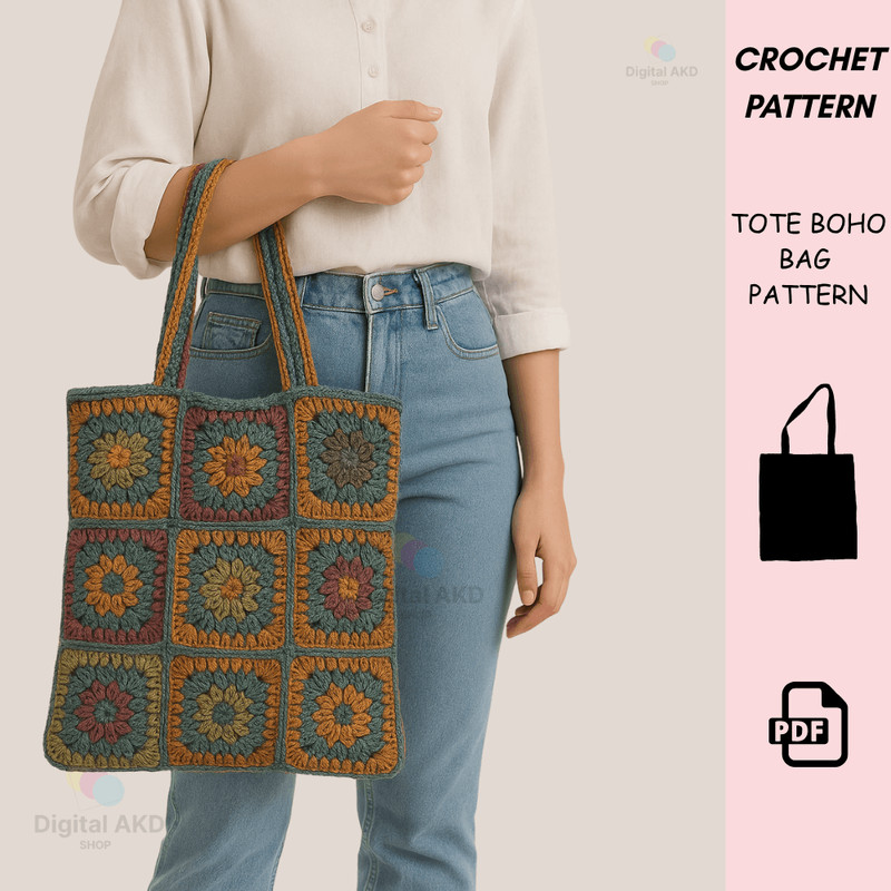 Square Sack Crochet Pattern  Granny Square Tote Bag PDF Boho Crochet Sack Pattern Colorful Crochet  1