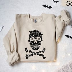 halloween skull sweatshirt, halloween cat shirt, black cat sweater, cat lover gift, skeleton shirt, 2023 happy halloween