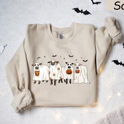 halloween sweatshirt, ghost cows sweatshirt, halloween crewneck, ghost shirt, cow lover gift, fall shirt, halloween swea