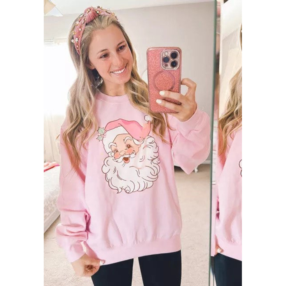 Vintage Pink Christmas Santa Sweatshirt, Vintage Santa Holiday Shirt, Pajamas, Retro Pink Santa Hat Sweatshirt.jpg