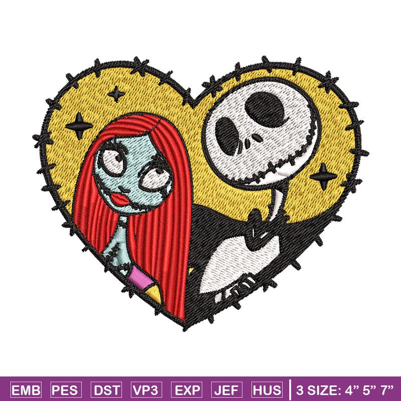 Jack and Sally in Heart Embroidery design, Horror Embroidery, horror design, Embroidery File, Digital download..jpg
