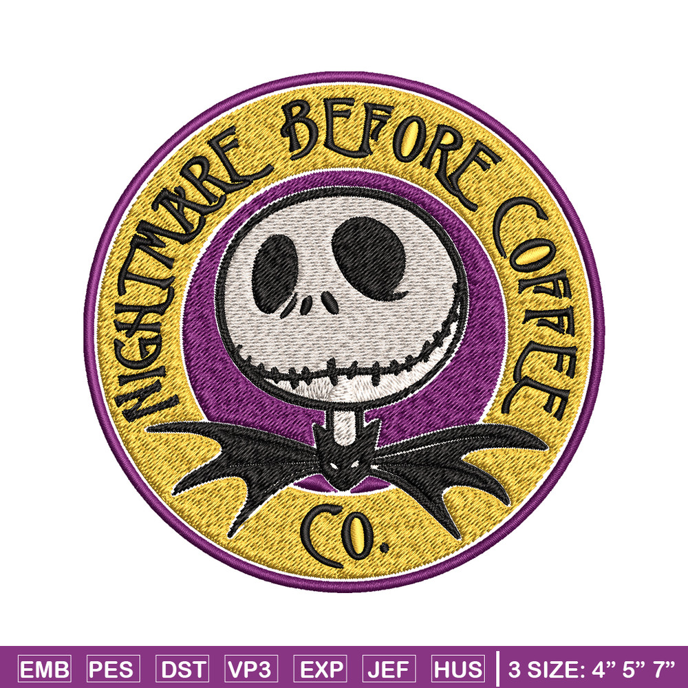 Nightmare before coffee Embroidery design, jack skellington Embroidery, Embroidery File, Horror design, Digital download.jpg