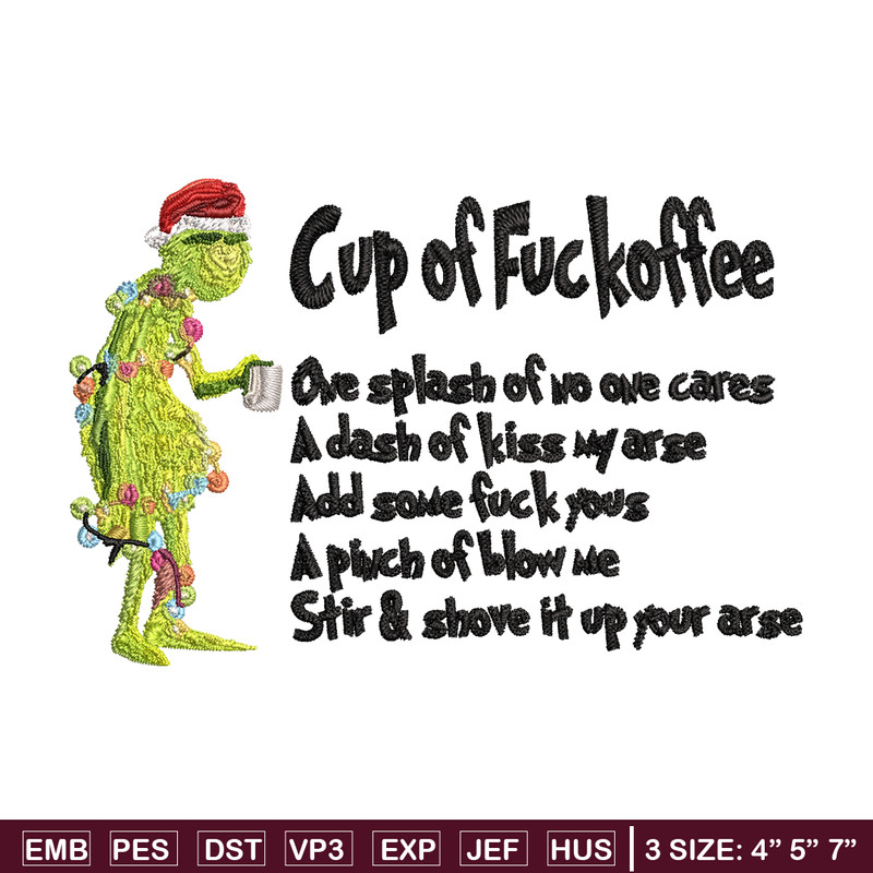 Cup of fuckoffee grinch Embroidery design, Grinch Embroidery, Grinch design, Embroidery File, Instant download..jpg