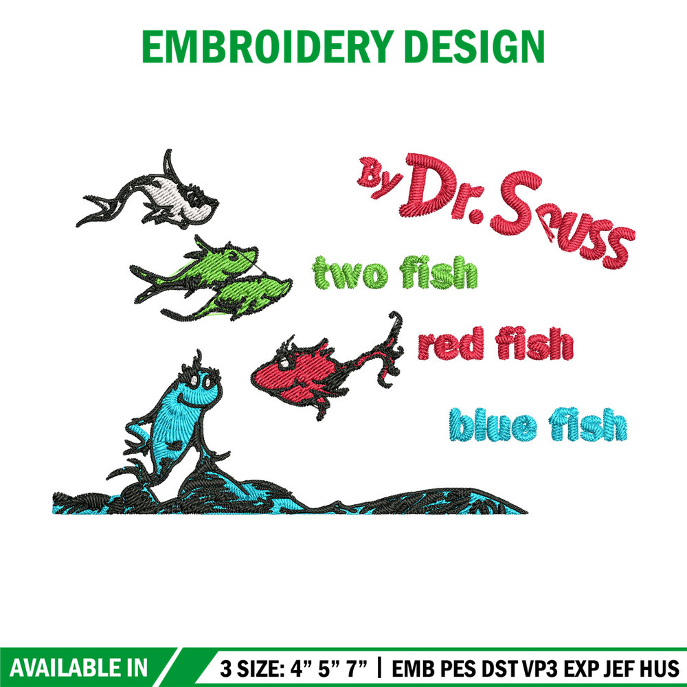 One fish two fish, blue fish red fish Embroidery Design, Dr seuss Embroidery, Embroidery File, Digital download.jpg