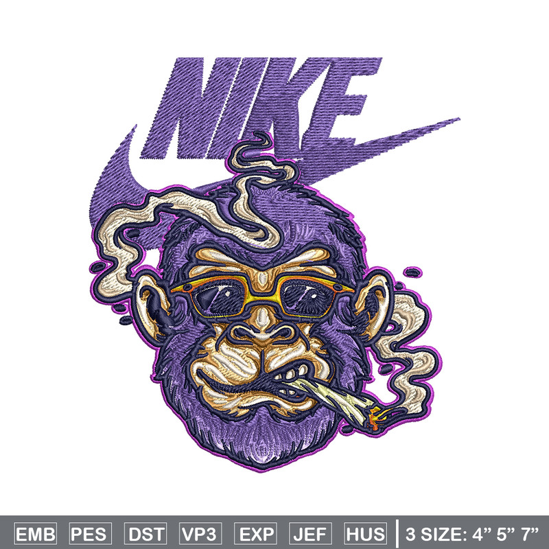 Monkey head smoking Nike Embroidery design, Monkey Embroidery, Nike design, Embroidery file, Instant download..jpg