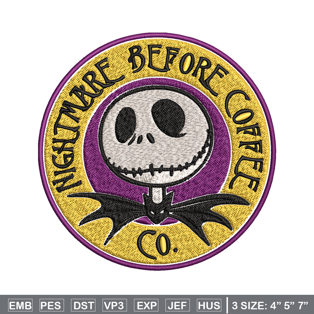 Nightmare before coffee Embroidery design, jack skellington Embroidery, Embroidery File, Horror design, Digital download.jpg