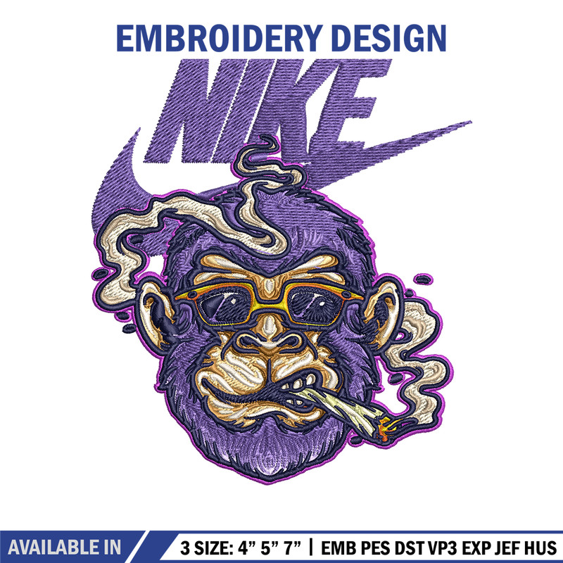 Monkey head smoking Nike Embroidery design, Monkey Embroidery, Nike design, Embroidery file, Instant download..jpg
