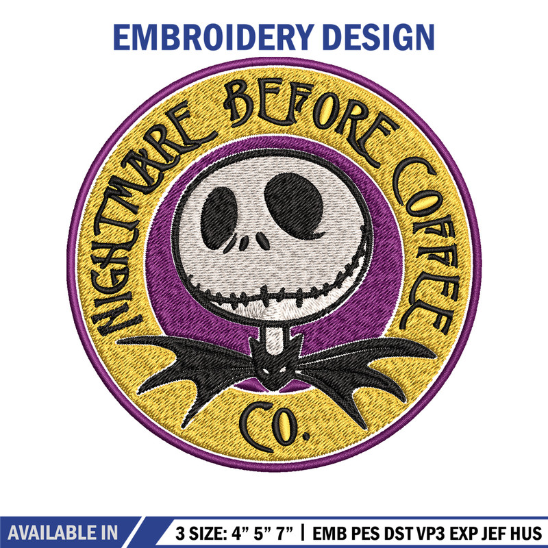 Nightmare before coffee Embroidery design, jack skellington Embroidery, Embroidery File, Horror design, Digital download.jpg