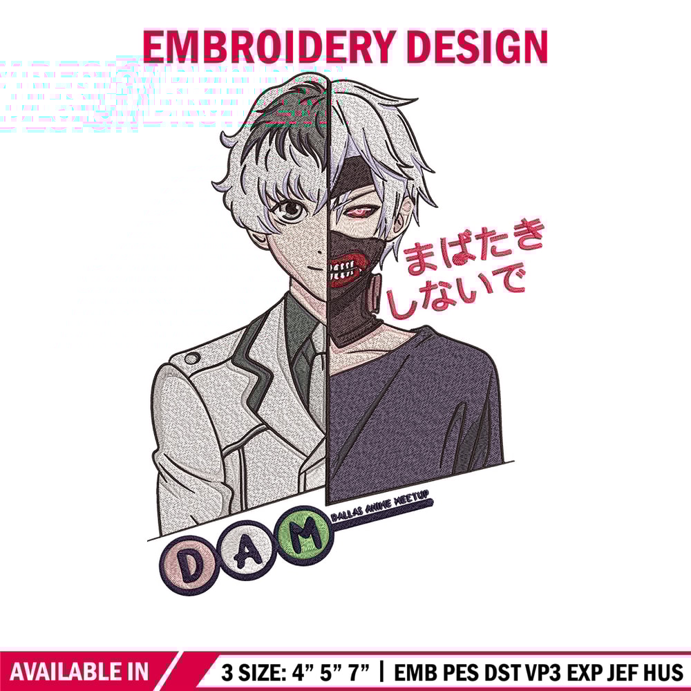 Ken kaneki Embroidery Design, Tokyo Ghoul Embroidery, Embroidery File, Anime Embroidery, Anime shirt, Digital download.jpg