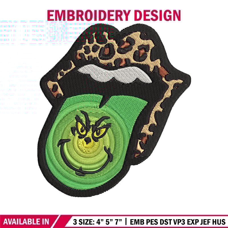 Leopard Lips Grinch Tongue Embroidery design, Grinch Embroidery, Grinch design, Embroidery file, Instant download..jpg