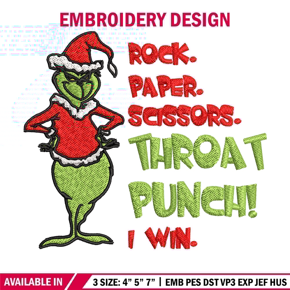 Rock Paper Scissors Throat Punch Grinch Embroidery design, Grinch Christmas Embroidery, Grinch design, Digital download.jpg