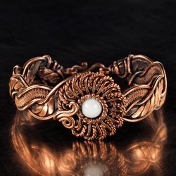 Copper wire wrapped cacholong bracelet Unique woven copper wire flower bangle for her Artisan jewelry by WireWrapArt