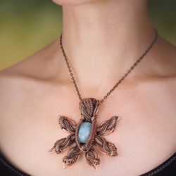 Large Star pendant this natural aquamarine Unique copper wire wrapped gemstone flower necklace Handmade jewelry