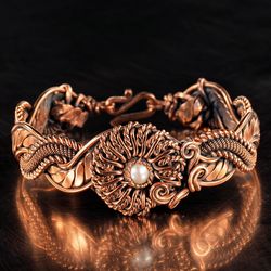 Copper wire wrapped natural pearl bracelet Unique woven copper wire flower bangle for her Artisan jewelry by WireWrapArt