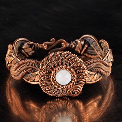 Copper wire wrapped cacholong bracelet Unique woven copper wire flower bangle 7th 22nd Wedding Anniversary Gift for wife