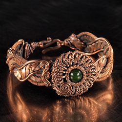 Copper wire wrapped green agate bracelet Unique woven copper wire flower bangle for her Artisan jewelry by Wire Wrap Art