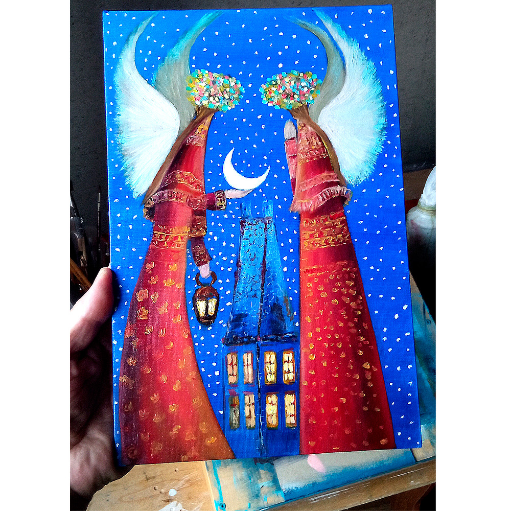 Guardian Angel Art Original Painting Holiday Artwork Small Wall Art Angel Painting 12 By 8 By TimPa 1