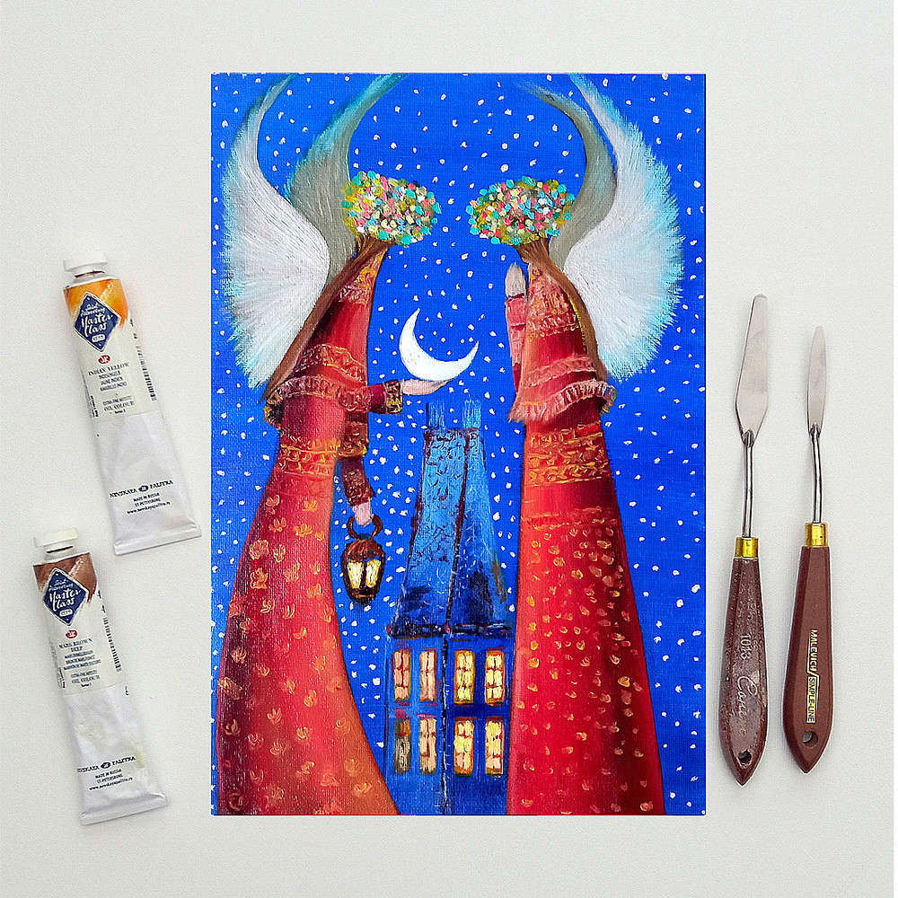 Guardian Angel Art Original Painting Holiday Artwork Small Wall Art Angel Painting 12 By 8 By TimPa 5