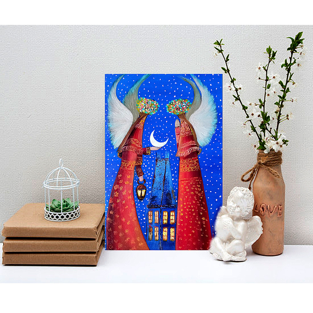 Guardian Angel Art Original Painting Holiday Artwork Small Wall Art Angel Painting 12 By 8 By TimPa 7