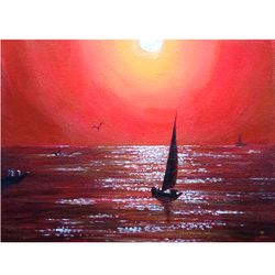 michigan painting sailboat small wall art sunset artwork seascape art acrylic painting 6" by 8" by timpaintings