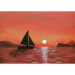 sailboat painting michigan wall art original small artwork seascape art acrylic painting 5" by 7" by timpaintings
