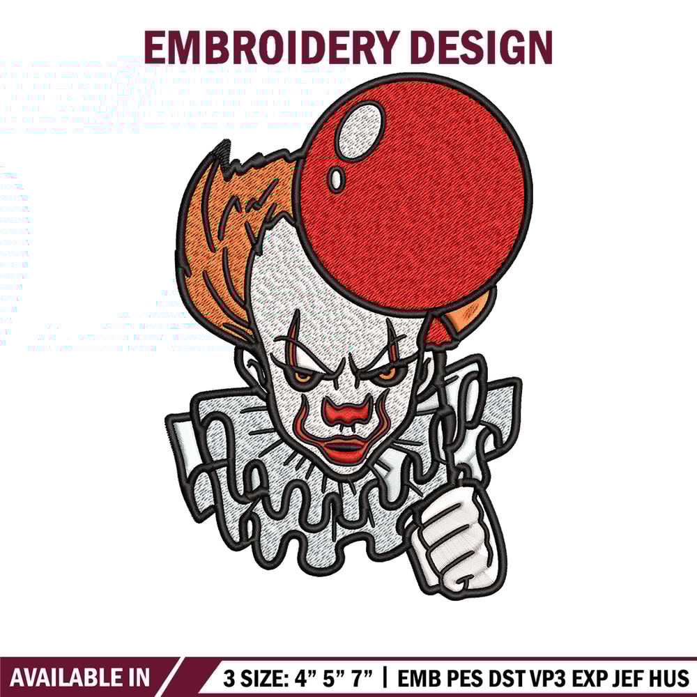 Pennywise with balloon Embroidery design, Halloween Embroidery, Embroidery File, halloween design, Digital download..jpg