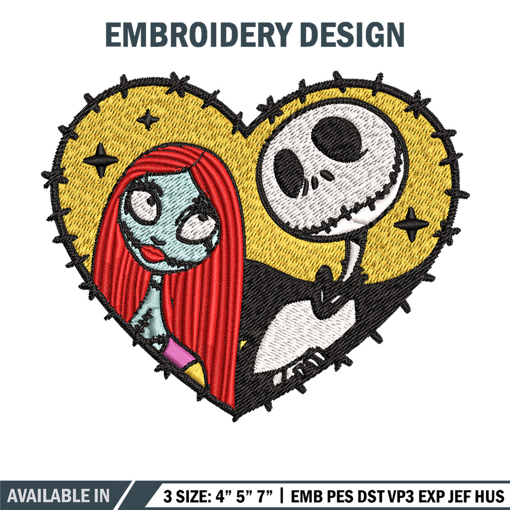 Jack and Sally in Heart Embroidery design, Horror Embroidery, horror design, Embroidery File, Digital download..jpg