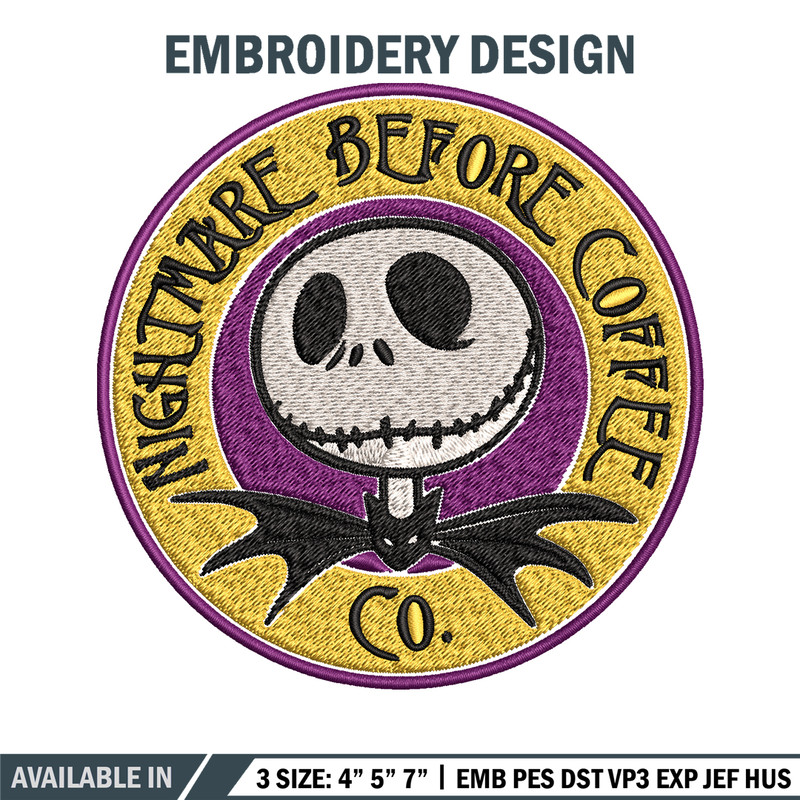 Nightmare before coffee Embroidery design, jack skellington Embroidery, Embroidery File, Horror design, Digital download.jpg