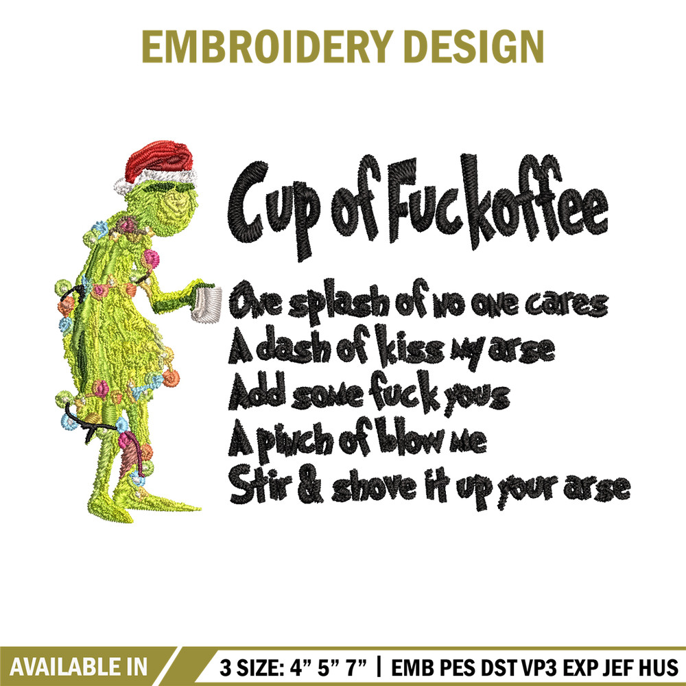 Cup of fuckoffee grinch Embroidery design, Grinch Embroidery, Grinch design, Embroidery File, Instant download..jpg