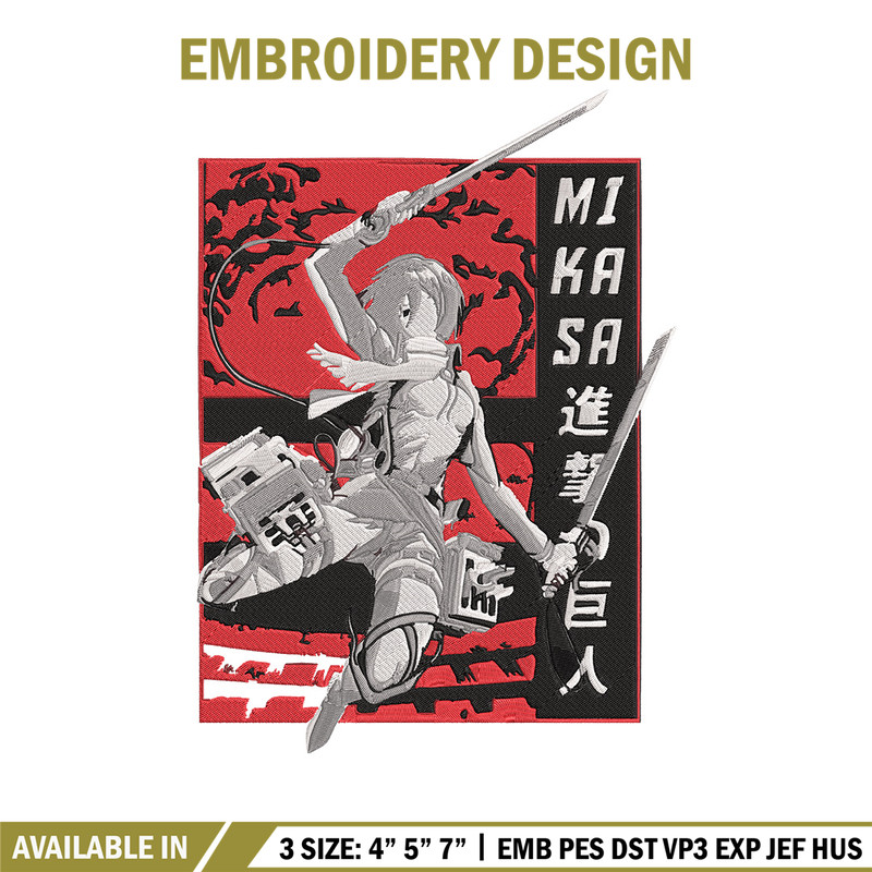 Mikasa Ackerman Embroidery Design, Aot Embroidery, Embroidery File, Anime Embroidery, Anime shirt, Digital download..jpg
