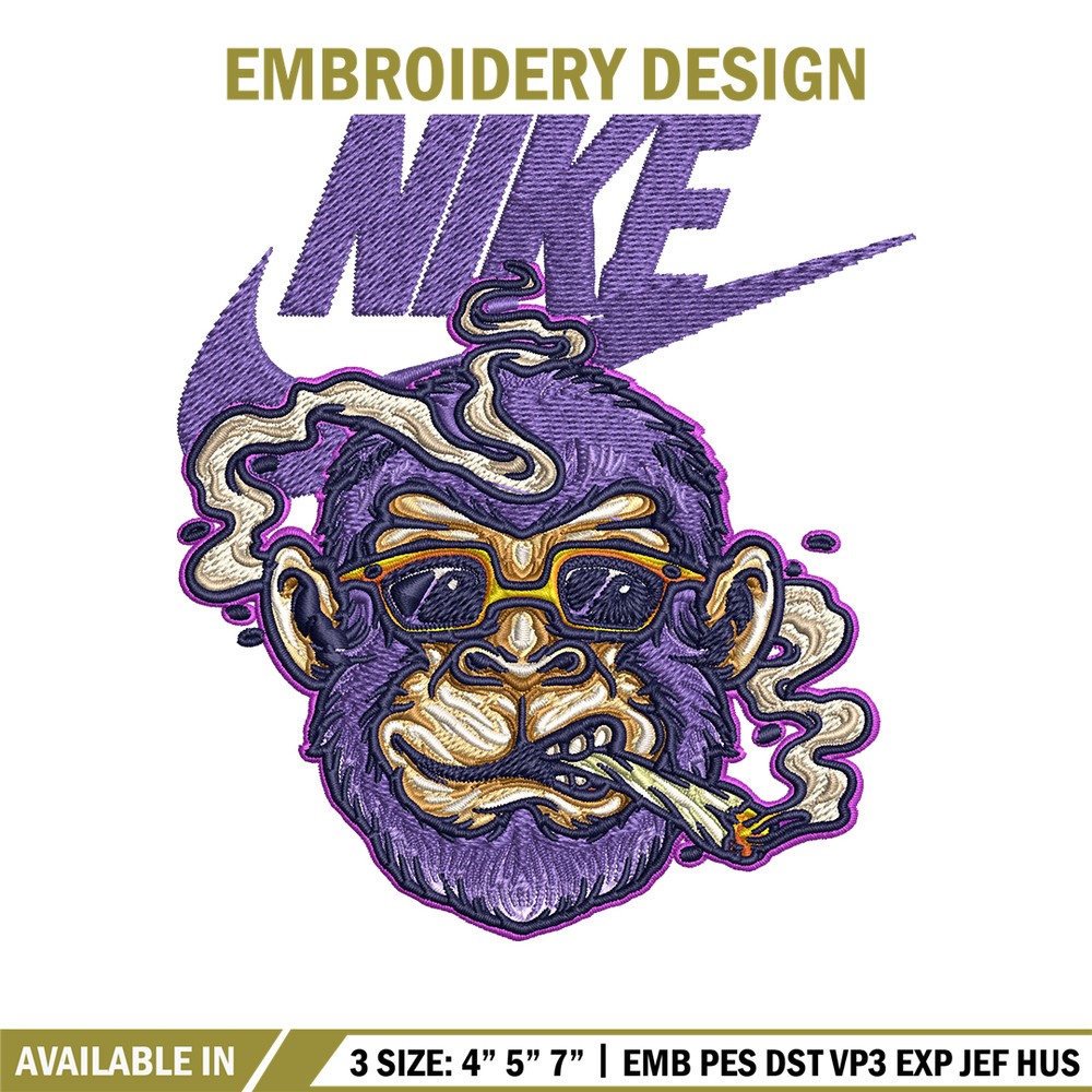 Monkey head smoking Nike Embroidery design, Monkey Embroidery, Nike design, Embroidery file, Instant download..jpg
