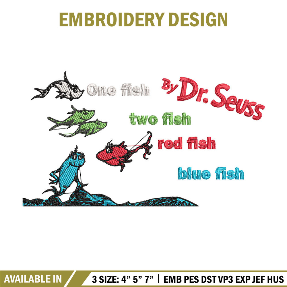 One fish two fish, blue fish red fish Embroidery Design, Dr seuss Embroidery, Embroidery File, Digital download..jpg