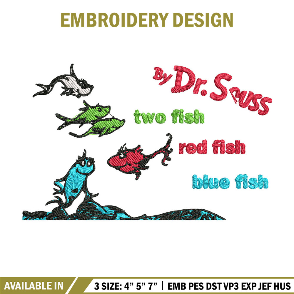 One fish two fish, blue fish red fish Embroidery Design, Dr seuss Embroidery, Embroidery File, Digital download.jpg