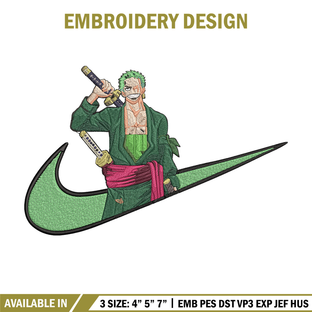 Zoro x nike Embroidery Design, One piece Embroidery, Embroidery File, Nike Embroidery, Anime shirt, Digital download.jpg