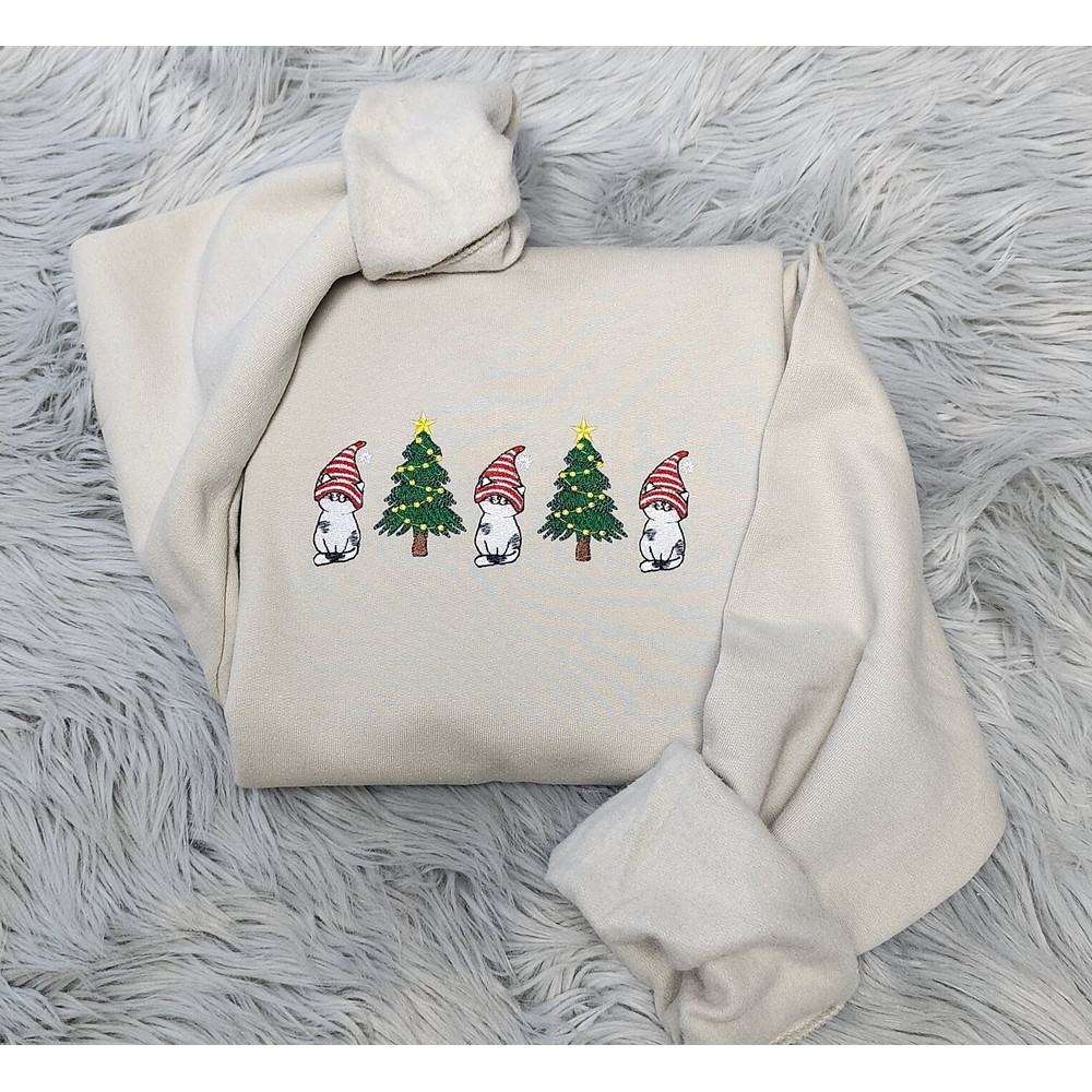 Embroidered Christmas Cats and Christmas Trees Sweatshirt, Christmas Cute Cat Embroidered Unisex Sweatshirt or Hooded Sweatshirt.jpg
