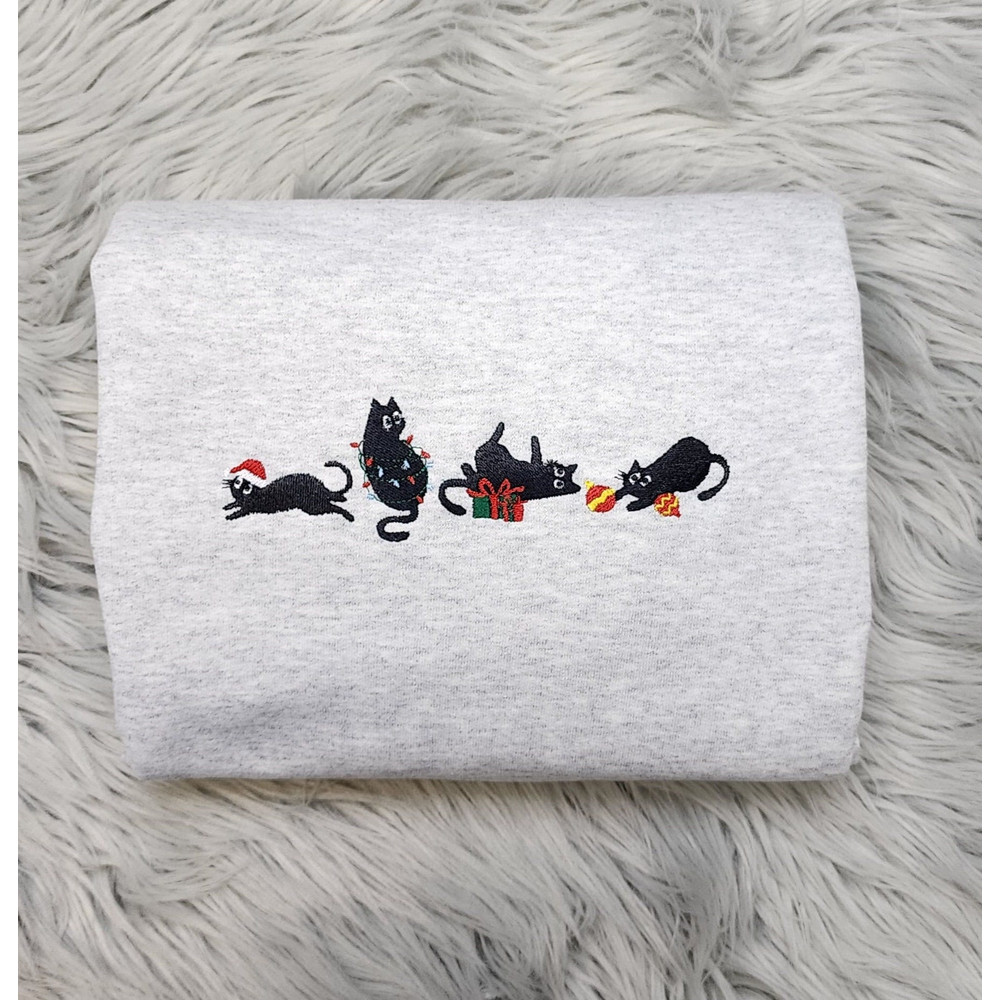 Embroidered Christmas Cats Sweatshirt - Meowy Christmas Cats Embroidered Unisex Sweatshirt or Hooded Sweatshirt Black Cats.jpg