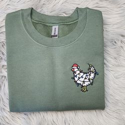embroidered christmas chicken sweatshirt, funny chicken and christmas lights, pocket design