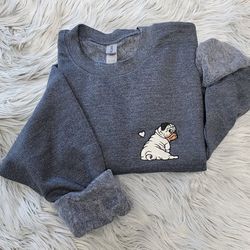 embroidered pug sweatshirt, pug love unisex sweatshirt or hooded sweatshirt