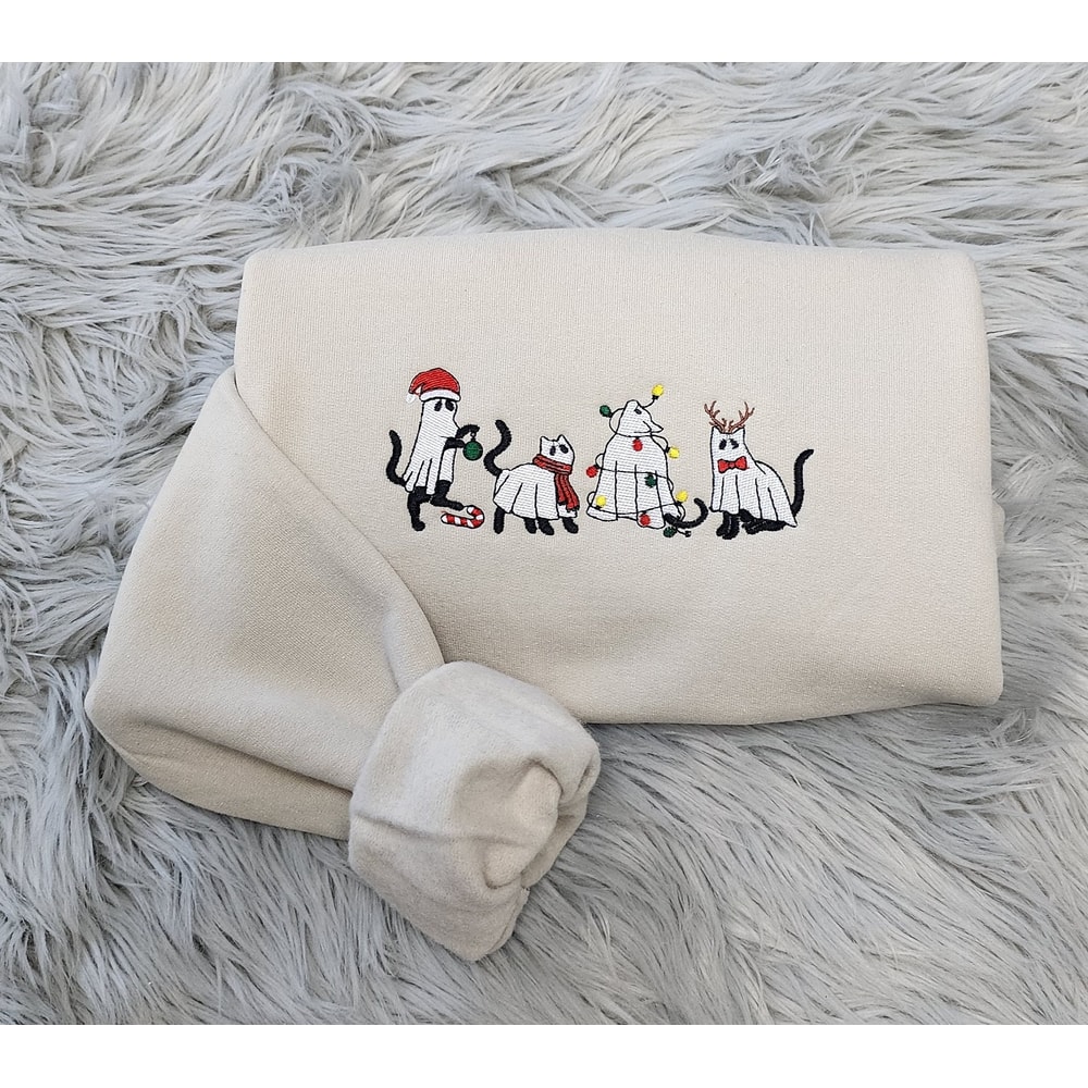 Embroidery Christmas Ghost Cats Sweatshirt -Christmas Cats Embroidered Unisex Sweatshirt or Hooded Sweatshirt.jpg