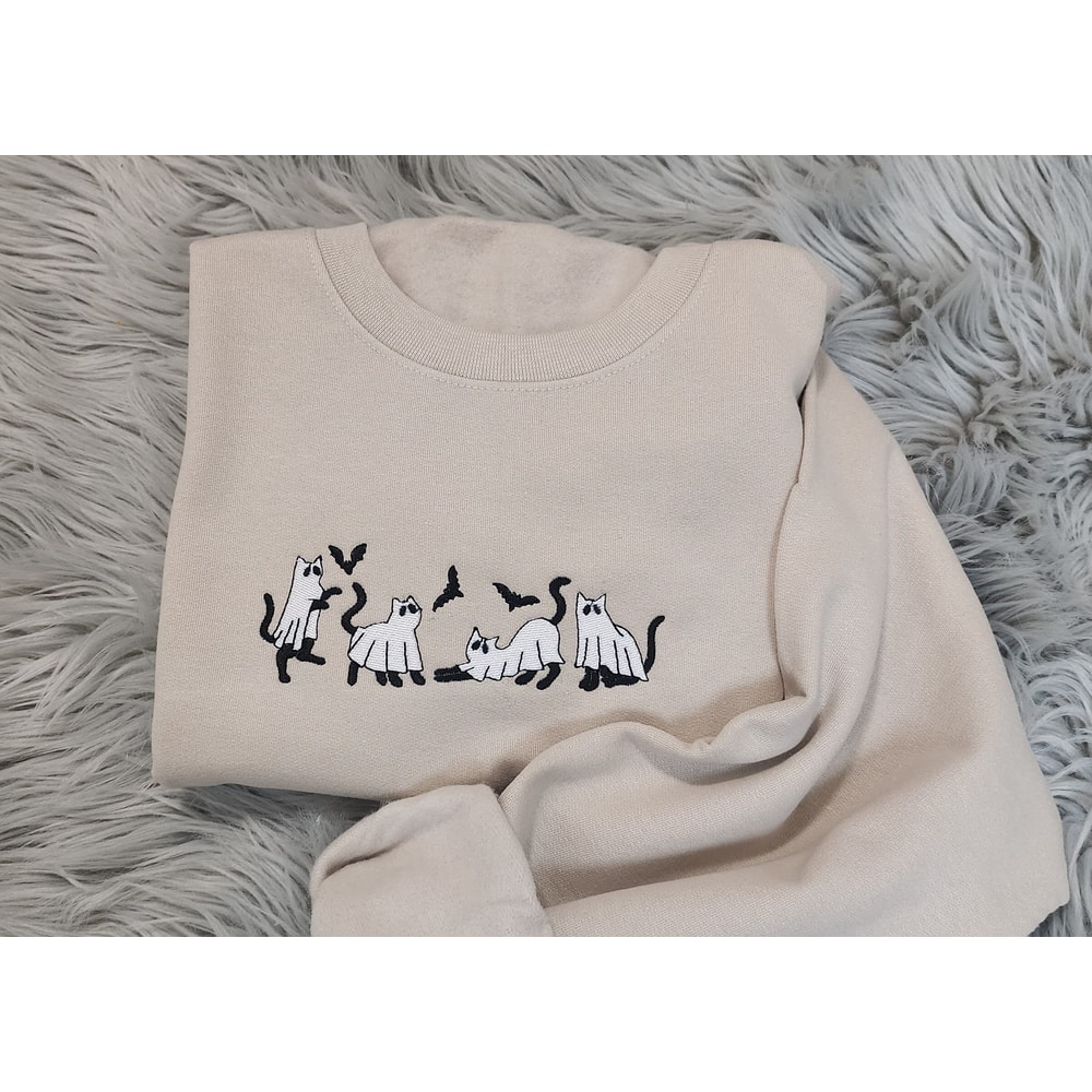 Embroidery Ghost Cats Halloween Sweatshirt - Halloween Ghost Cats Embroidered Unisex Sweatshirt or Hooded Sweatshirt.jpg