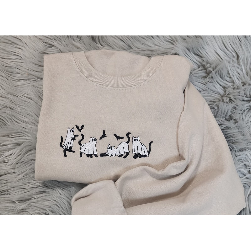 Embroidery Ghost Cats Halloween Sweatshirt - Halloween Ghost Cats Embroidered Unisex Sweatshirt or Hooded Sweatshirt.jpg