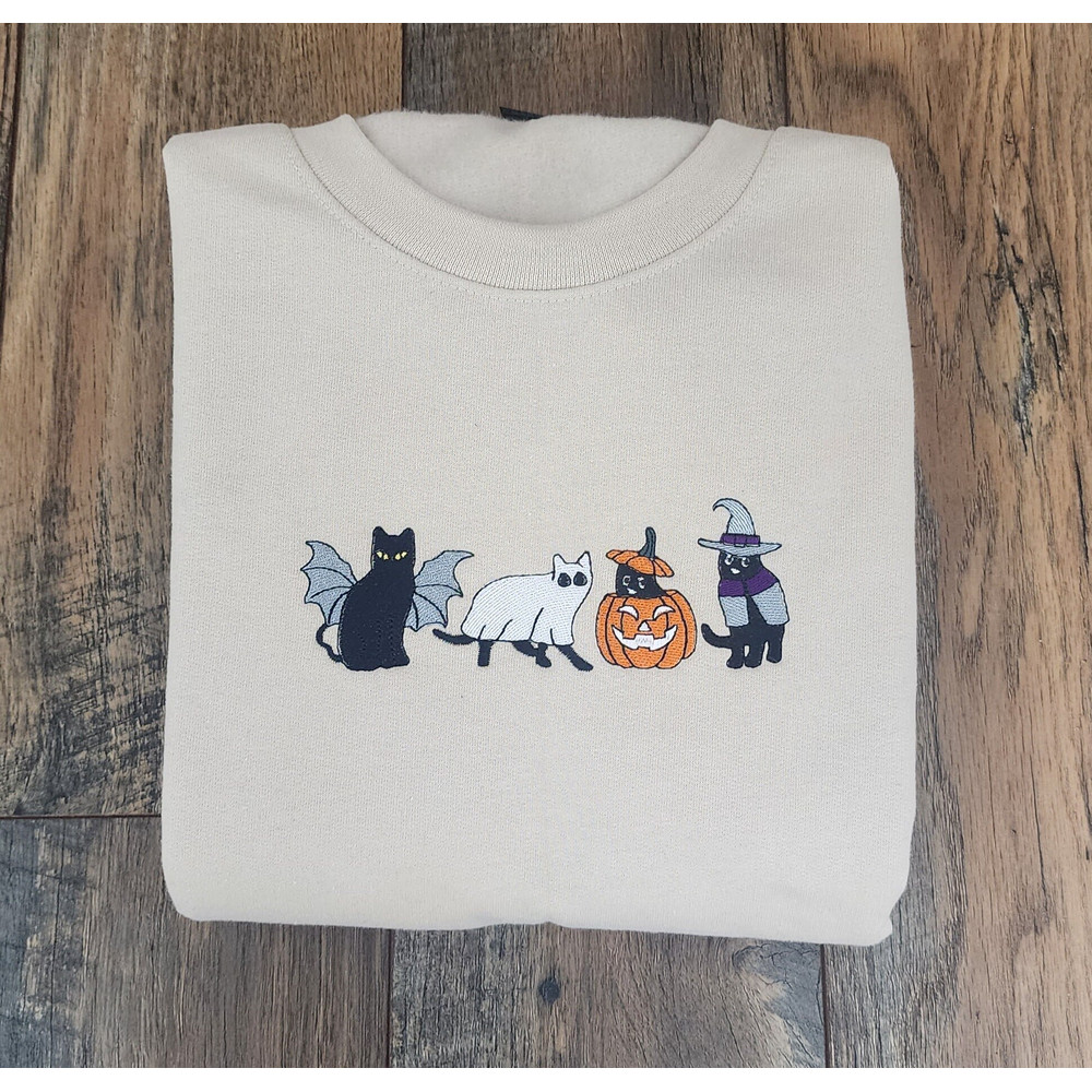 Ghost Cats Halloween Embroidery Sweatshirt, Halloween Ghost Cats Embroidered Unisex Sweatshirt or Hooded Sweatshirt.jpg