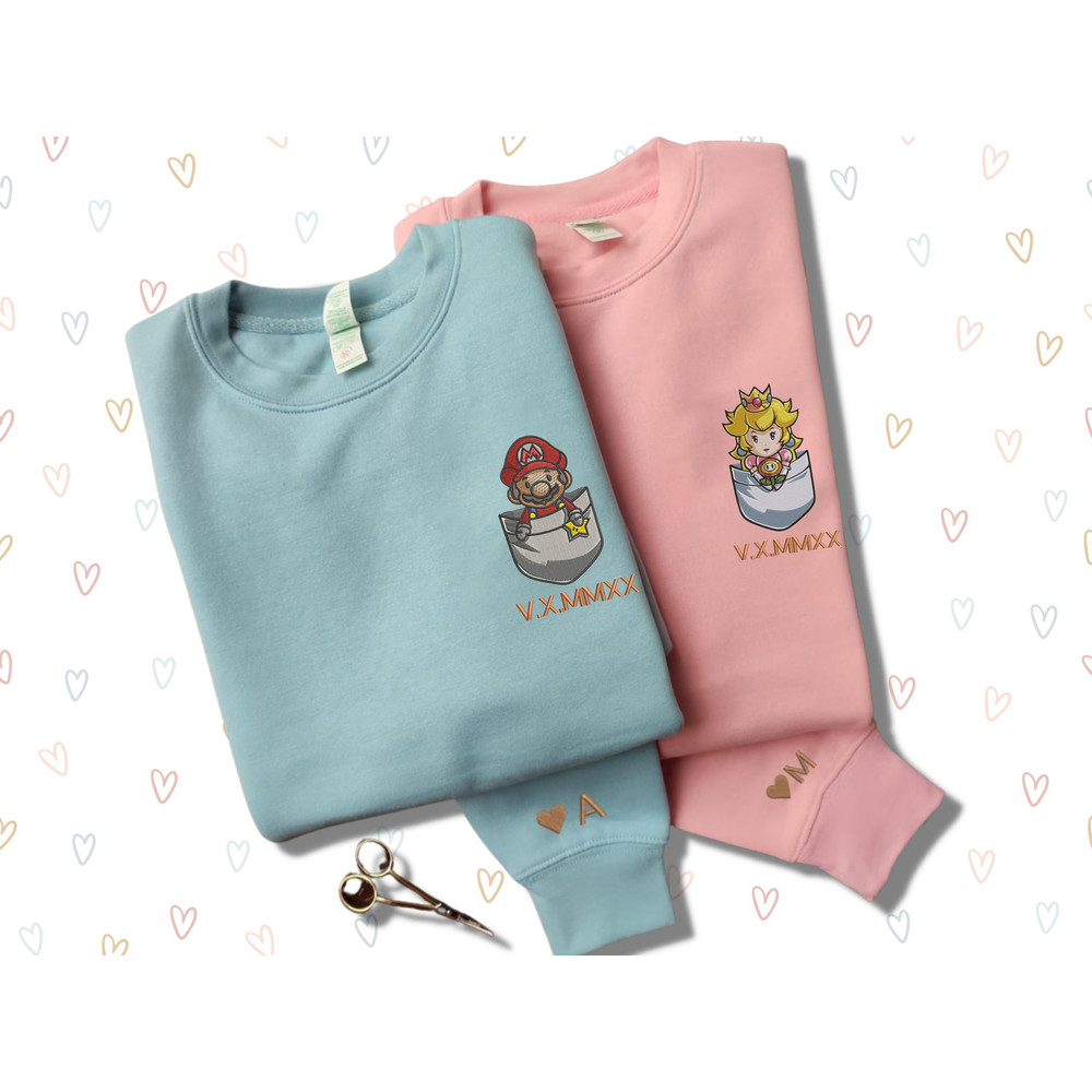 Embroidered Super Mario X Princess Peach In Pocket Couple Sweatshirt.jpg
