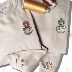 super mario brothers in pocket couple embroidered sweatshirt