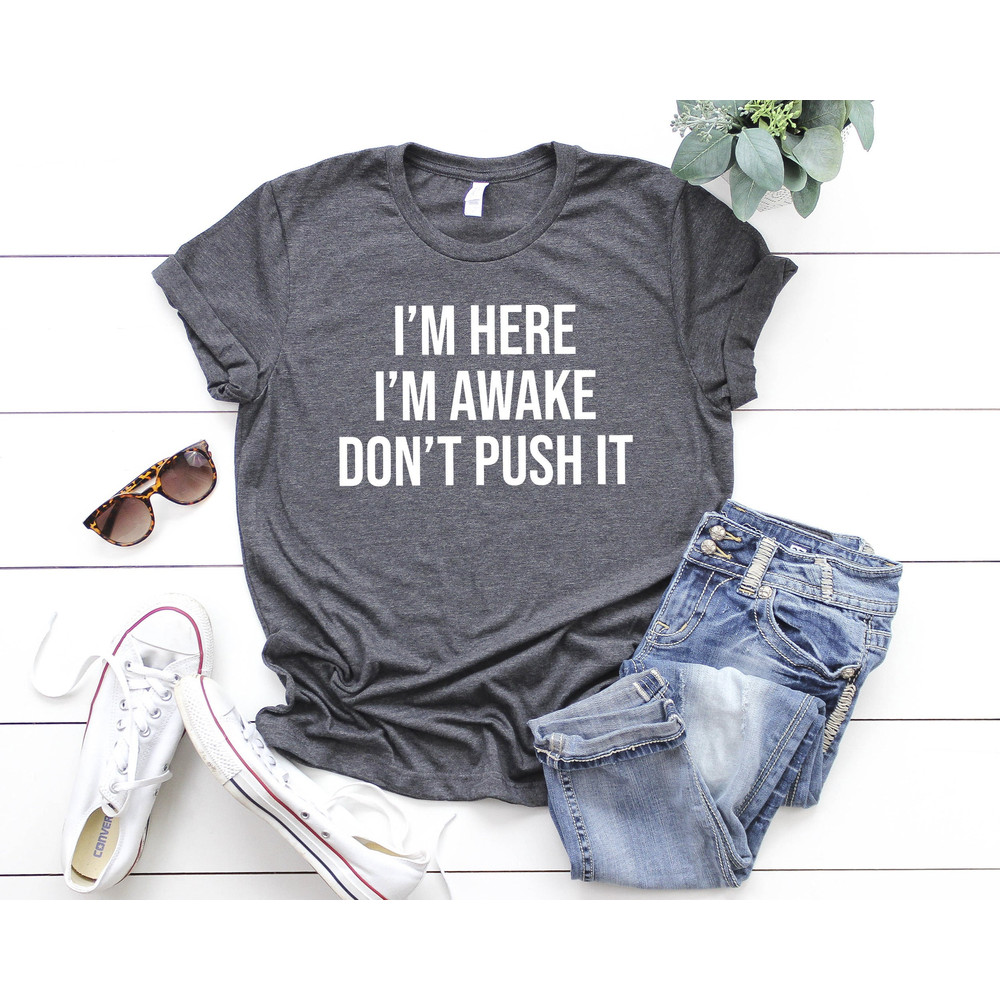 I'm Here I'm Awake Don't Push It Shirt, Funny Gamer Shirts With Sayings, Funny Birthday Tee Gift, Funny Teen Quotes, Funny Gifts for Friend.jpg