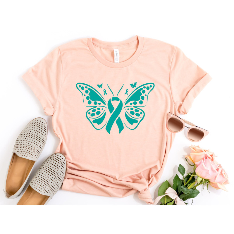 Butterfly Teal Ribbon Shirt, Ovarian Cancer Shirt, Ovarian Cancer Awareness Shirt, Gift For Woman, Ovarian Cancer Gift, Cancer Fighter Shirt.jpg