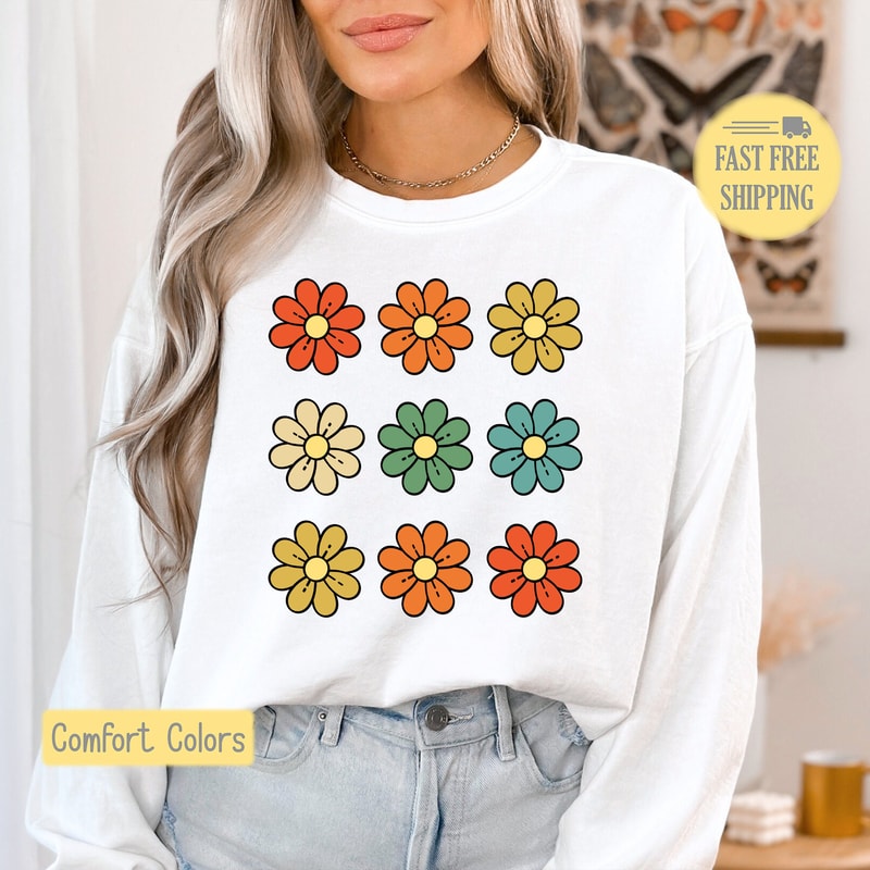 Cute Summer Flower Sweatshirt, Flower Shirt, Retro Flower Shirt, Boho Floral Tshirt, Summer Sweatshirt, Comfort Colors, Trending Now.jpg