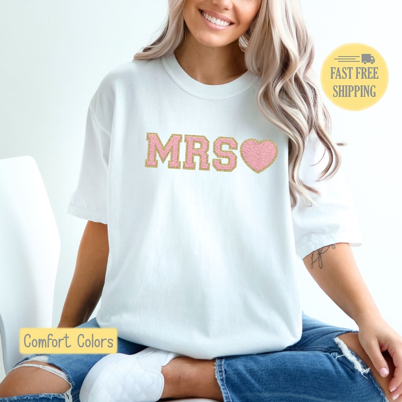 Faux Chenille Mrs. Shirt, Wedding Mrs. Sweatshirt, Wife T-shirt, Bride Tee Shirt, Pink And Gold, Comfort Colors, Trending Now.jpg